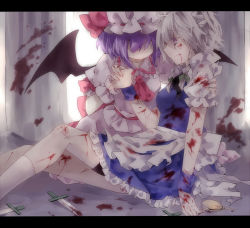 Rule 34 | 2girls, apron, ascot, bad id, bad pixiv id, bat wings, blood, bow, braid, cuts, hair bow, hair over eyes, hat, holding hands, hug, injury, izayoi sakuya, knife, letterboxed, maid, maid apron, maid headdress, multiple girls, pocket watch, purple hair, red medicine, remilia scarlet, revision, short hair, silver hair, sitting, smile, tears, touhou, twin braids, watch, wings, wrist cuffs