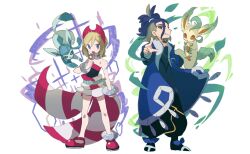 Rule 34 | 1boy, 1girl, adaman (pokemon), anklet, arms at sides, blonde hair, blue coat, blue eyes, blue hair, bracelet, clenched hands, closed mouth, coat, collar, collarbone, creatures (company), donguri big, game freak, gen 4 pokemon, glaceon, green hair, hairband, hand wraps, irida (pokemon), jewelry, jumping, leafeon, multicolored hair, nintendo, open clothes, open coat, open mouth, outstretched arm, pokemon, pokemon legends: arceus, sash, shirt, shoes, short hair, shorts, smile, sparkle, strapless, strapless shirt, waist cape