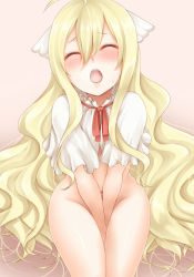 Rule 34 | 1girl, blonde hair, blush, bottomless, capelet, closed eyes, covering crotch, covering privates, fairy tail, long hair, mavis vermilion, navel, open mouth, saliva, saliva trail, sitting, solo, very long hair