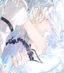 Rule 34 | 1boy, 1girl, ahoge, arms around neck, blue hair, blue nails, boy on top, closed eyes, commentary, couple, dress, english commentary, fingernails, furina (genshin impact), genshin impact, grey hair, hair between eyes, hetero, highres, imminent kiss, indoors, light blue hair, long hair, lying, multicolored hair, nail polish, neuvillette (genshin impact), on back, on bed, parted lips, seraharuko, sleeveless, sleeveless dress, sparkle, streaked hair, two-tone hair, upper body, white dress