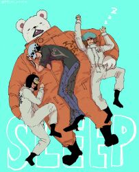 Rule 34 | 4boys, arm tattoo, arms up, bear, bepo, black footwear, boots, closed eyes, commentary request, denim, full body, hat, highres, jeans, jumpsuit, blue background, long sleeves, male focus, multiple boys, one piece, orange jumpsuit, pants, penguin (one piece), potechi norisio, profile, shachi (one piece), sleeping, sunglasses, tattoo, trafalgar law, white jumpsuit, zzz