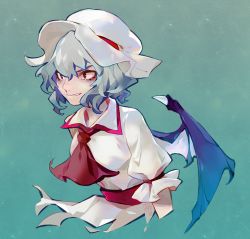 Rule 34 | 1girl, aqua background, arlmuffin, ascot, bad id, bad pixiv id, bat wings, blue hair, commentary, cropped torso, dress, frilled sleeves, frills, hat, mob cap, puffy short sleeves, puffy sleeves, red eyes, remilia scarlet, ribbon trim, short hair, short sleeves, solo, touhou, upper body, white dress, white hat, wings