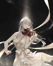 Rule 34 | 1girl, absurdres, bare arms, black background, bow (music), breasts, closed eyes, dress, earrings, highres, holding, holding instrument, holding violin, instrument, jewelry, jung wonjo, light particles, long hair, medium breasts, music, original, parted lips, playing instrument, ribbon, solo, teeth, upper body, violin, white dress, white hair, white ribbon
