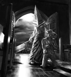 Rule 34 | 2boys, greyscale, hat, helmet, highres, indoors, konginchains, male focus, monochrome, multiple boys, muscular, pyramid head, short hair, silent hill, silent hill (movie), silent hill (series), silent hill 2, sky, source request, sword, weapon