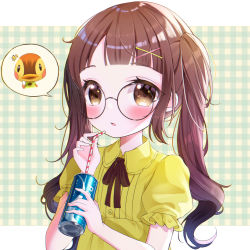 Rule 34 | 1girl, absurdres, animal crossing, bad id, bad pixiv id, bird, blush, bow, bowtie, brown eyes, brown hair, drink, duck, eumi 114, furry, furry female, glasses, hair ornament, hairclip, highres, long hair, molly (animal crossing), nintendo, open mouth, personification, ponytail, solo, twintails