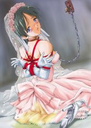 Rule 34 | 1girl, arms behind back, bdsm, bondage, bound, bound wrists, box tie, breast bondage, breasts, bridal veil, bride, chain, collar, dress, elbow gloves, frills, gloves, high heels, lock, looking at viewer, looking back, padlock, peeing, peeing self, pizza man, puddle, rope, shibari, shoes, sitting, slave, solo, tears, veil, wariza, wedding dress
