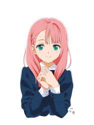 Rule 34 | 1girl, 2019, 22/7, aqua eyes, bow, dated, highres, jacket, kamiki mikami, long hair, long sleeves, looking at viewer, pink hair, pizza man, school uniform, shirt, simple background, smile, solo, upper body, white background