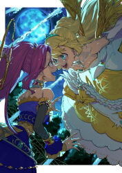 Rule 34 | 2girls, :d, absurdres, aikatsu!, aikatsu! (series), aikatsu on parade!, aikatsu stars!, bare shoulders, blonde hair, choker, crop top, detached sleeves, dress, earrings, elbow gloves, eye contact, face-to-face, frills, full moon, galbi (iouytuuyio), gloves, green eyes, hair ornament, highres, jewelry, kanzaki mizuki, leaning forward, long hair, long sleeves, looking at another, midriff, moon, multiple girls, necklace, night, night sky, open mouth, outdoors, ponytail, purple eyes, purple hair, shiratori hime, skirt, sky, smile, star (sky), star (symbol), starry sky, strapless, strapless dress, teeth, tiara, tree, upper teeth only, very long hair, white dress, white gloves, wings, yellow wings