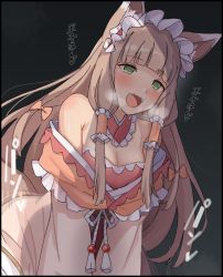 Rule 34 | 1girl, animal ear fluff, animal ears, bare shoulders, blunt bangs, blush, bow, breasts, breath, cleavage, detached collar, dress, fangs, fox ears, fox girl, fox tail, frilled hairband, frills, gradient background, green eyes, grey background, hair bow, hair tubes, hairband, large breasts, light brown hair, long hair, long sleeves, looking at viewer, maho (princess connect!), md5 mismatch, mobu, off-shoulder dress, off shoulder, open mouth, pink bow, pink dress, princess connect!, resolution mismatch, rope, sidelocks, smile, solo, source larger, straddling, sweat, tail
