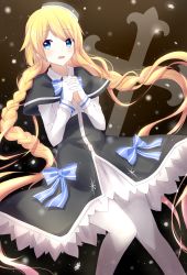 Rule 34 | 1girl, absurdly long hair, bad id, bad pixiv id, blonde hair, blue bow, blue eyes, bow, braid, capelet, dress, hair ornament, hat, highres, interlocked fingers, long hair, looking at viewer, magi in wanchin basilica, open mouth, own hands clasped, own hands together, pantyhose, peneko, snowflakes, solo, striped, striped bow, twin braids, very long hair, white pantyhose, xiao ma