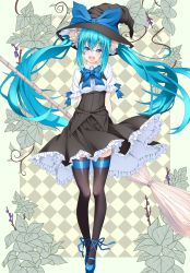 Rule 34 | 1girl, alternate eye color, aqua hair, arms behind back, blue eyes, blue footwear, blue ribbon, breasts, broom, dress, ffcreatyuuki, frills, hair ornament, hat, hatsune miku, highres, long hair, looking at viewer, medium breasts, open mouth, ribbon, round teeth, shoes, short sleeves, smile, solo, teeth, thighhighs, twintails, very long hair, vocaloid, witch hat, wizard hat