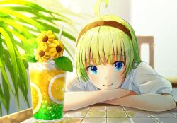 Rule 34 | 1girl, ahoge, arms on table, black hairband, blue eyes, blunt bangs, chair, closed mouth, commentary request, crossed arms, cup, disposable cup, drinking straw, eyelashes, flower, food, fruit, green hair, hairband, highres, ice cream, ice cream float, idolmaster, idolmaster million live!, leaf, leaning forward, lemon, lemon slice, lens flare, light blush, looking at viewer, medium hair, pink lips, plant, potted plant, puffy short sleeves, puffy sleeves, shimabara elena, shirt, short sleeves, sitting, smile, soft serve, solo, sunflower, sunlight, tiles, upper body, whipped cream, white shirt, white sleeves, witoi (roa), yellow flower