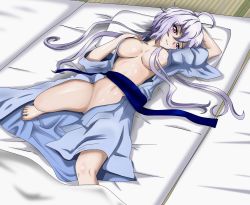 Rule 34 | 1girl, ahoge, blush, breasts, convenient censoring, frown, hair censor, highres, japanese clothes, kimono, kyomeihibiki, large breasts, long hair, looking at viewer, low twintails, lying, naked kimono, on back, purple eyes, senki zesshou symphogear, silver hair, solo, twintails, very long hair, yukata, yukine chris