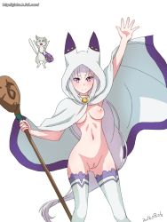 Rule 34 | 10s, 1girl, animal hood, arm up, bag, blush, breasts, cape, cat, cleft of venus, cloak, dated, emilia (re:zero), female focus, ginko (silver fox), gluteal fold, holding, holding staff, hood, hooded cloak, jumping, long hair, looking at viewer, low-tied long hair, medium breasts, naked cape, navel, nipples, nude, open hand, pack (re:zero), purple eyes, pussy, re:zero kara hajimeru isekai seikatsu, silver hair, simple background, smile, staff, thighhighs, uncensored, watermark, web address, white background, white thighhighs
