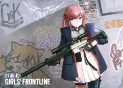 Rule 34 | 1girl, ar-15, black gloves, blue eyes, blue hair, brown hair, character name, closed mouth, copyright name, fingerless gloves, girls&#039; frontline, gloves, graffiti, gun, highres, holding, holding gun, holding weapon, idw (girls&#039; frontline), jacy, lee-enfield (girls&#039; frontline), looking at viewer, pantyhose, rifle, short hair, short twintails, sniper rifle, solo, st ar-15 (girls&#039; frontline), suppressor, twintails, wanted, weapon