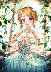 Rule 34 | 1girl, aqua dress, artist name, bare shoulders, blue flower, blurry, braid, brown hair, butterfly hair ornament, collar, commentary, depth of field, dress, flower, gold trim, hair flower, hair ornament, hairclip, happy, highres, koizumi hanayo, kuriidono, looking at viewer, love live!, love live! school idol festival all stars, love live! school idol project, official alternate costume, open mouth, own hands clasped, own hands together, plant, purple eyes, see-through, see-through sleeves, short hair, sidelocks, single bang, single braid, solo, swept bangs, teeth, upper teeth only, vines, white collar, window
