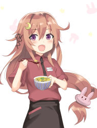 Rule 34 | 10s, 1girl, :d, alternate costume, bowl, commentary request, crescent, crescent hair ornament, employee uniform, eyebrows, fast food uniform, food, hair between eyes, hair ornament, hair ribbon, kantai collection, long hair, looking at viewer, misumi (niku-kyu), name connection, open mouth, polo shirt, purple eyes, ribbon, smile, solo, spoon, translated, uniform, uzuki (kancolle)
