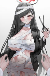 Rule 34 | 1girl, 1other, absurdres, black hair, blue archive, breasts, bright pupils, closed mouth, commentary, cowboy shot, gradient background, hair ornament, hairpin, halo, highres, holding, holding scissors, large breasts, long hair, looking at viewer, mummy costume, navel, red eyes, rio (blue archive), scissors, simple background, symbol-only commentary, white background, white pupils, yuki (asayuki101)