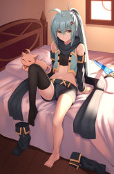 Rule 34 | 1girl, :3, animal, animal ears, antenna hair, aqua hair, bare legs, barefoot, bed, bed frame, bed sheet, bell, belt, black footwear, black scarf, black shorts, blue vest, boots, unworn boots, brown eyes, cat, closed mouth, commentary, dagger, day, detached sleeves, feet, fortissimo, full body, hair ornament, highres, indoors, jingle bell, knee boots, knife, leg up, long hair, long sleeves, looking at viewer, mahcdai, midriff, musical note, musical note hair ornament, navel, open clothes, open vest, original, pillow, planol note, ponytail, scar, scar on face, scarf, short shorts, shorts, single thighhigh, smile, solo, sunlight, thighhighs, very long hair, vest, weapon, window, wooden floor