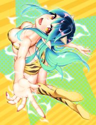 Rule 34 | 1girl, animal print, ass, bikini, boots, breasts, cleavage, commentary request, cone horns, from behind, full body, green hair, highres, horns, long hair, looking at viewer, lum, medium breasts, oni, open mouth, pointy ears, rotix, smile, solo, strapless, swimsuit, tiger print, urusei yatsura