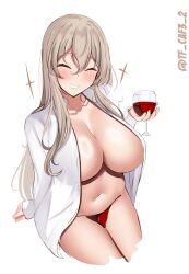 Rule 34 | 1girl, alcohol, between legs, blush, breasts, closed eyes, collarbone, cup, drinking glass, drunk, grey hair, hair between eyes, highres, kantai collection, large breasts, legs together, long hair, navel, open clothes, open shirt, pola (kancolle), sitting, smile, solo, tf cafe, twitter username, wavy hair, white background, wine, wine glass