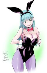 Rule 34 | 1girl, animal ears, bare shoulders, between breasts, black leotard, blue hair, bow, bowtie, breasts, breasts squeezed together, bulma, cleavage, curvy, dated, detached collar, detached sleeves, dragon ball, dragon ball (classic), fake animal ears, female focus, gradient background, green eyes, grin, head tilt, huge breasts, kon-kit, leotard, lighter, long hair, looking at viewer, pantyhose, playboy bunny, purple pantyhose, rabbit ears, rabbit tail, shiny skin, smile, solo, tail, wrist cuffs