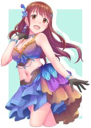 Rule 34 | 1girl, :d, bare shoulders, black gloves, blush, breasts, brown eyes, brown hair, choker, cleavage, commentary, feathers, gloves, hair ornament, highres, idol clothes, idolmaster, idolmaster million live!, jewelry, layered skirt, long hair, looking at viewer, medium breasts, midriff, navel, open mouth, skirt, smile, solo, soujin, standing, stomach, tanaka kotoha, thighs