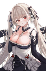 Rule 34 | 1girl, azur lane, bare shoulders, between breasts, black dress, blush, breasts, cleavage, dress, earrings, formidable (azur lane), frilled dress, frills, grey hair, hair ribbon, highres, jewelry, large breasts, long hair, looking at viewer, parted lips, red eyes, ribbon, simple background, solo, twintails, two-tone dress, two-tone ribbon, very long hair, yomi 46neko