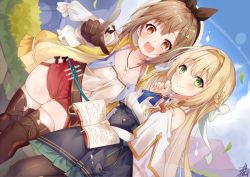 Rule 34 | 2girls, :d, atelier (series), atelier ryza, atelier ryza 1, belt, belt buckle, beret, black skirt, blonde hair, blue sky, blush, book, bow, braid, breasts, brown belt, brown eyes, brown gloves, brown hair, brown hairband, brown legwear, brown ribbon, buckle, closed mouth, clothing cutout, cloud, collarbone, collared shirt, commentary request, day, dutch angle, frilled skirt, frills, gloves, green eyes, hair between eyes, hair bow, hair ornament, hair ribbon, hairband, hairclip, hat, high-waist skirt, holding, holding book, hood, hood down, hooded jacket, jacket, jewelry, klaudia valentz, long hair, multiple girls, necklace, omuretsu, open book, open clothes, open jacket, open mouth, outdoors, pantyhose, pointing, pointing at viewer, red shorts, reisalin stout, ribbon, round teeth, shirt, short shorts, shorts, shoulder cutout, signature, skindentation, skirt, sky, sleeveless, sleeveless jacket, small breasts, smile, star (symbol), star necklace, teeth, thick thighs, thighhighs, thighs, upper teeth only, very long hair, vial, white bow, white headwear, white legwear, white shirt, yellow jacket