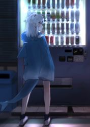 Rule 34 | 1girl, absurdres, blue eyes, blue hoodie, blush, can, candy, daiishori, drink can, fins, fish tail, food, from behind, gawr gura, highres, hololive, hololive english, hood, hoodie, in mouth, lollipop, looking back, no pants, open hand, shark tail, shoes, silver hair, sleeves past fingers, sleeves past wrists, sneakers, soda can, solo, standing, tail, two side up, vending machine, virtual youtuber
