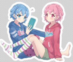Rule 34 | 1boy, 1girl, arm support, bad id, bad twitter id, barefoot, blue eyes, blue hair, blue hoodie, braid, brother and sister, closed mouth, clothes writing, commentary request, crossdressing, dorothy west, drawstring, full body, green shorts, handheld game console, highres, holding, holding handheld game console, hood, hood down, hoodie, inactive account, long sleeves, mole, mole under eye, nintendo switch, no shoes, pink eyes, pink hair, pretty series, print hoodie, pripara, red hoodie, reona west, shiyurinpu, short hair, shorts, siblings, side braid, sitting, smile, socks, squiggle, striped clothes, striped socks, trap, twins