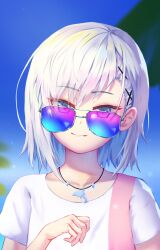 Rule 34 | 1girl, blue eyes, day, gradient-tinted eyewear, hair ornament, highres, jewelry, looking at viewer, necklace, nzz, original, outdoors, shirt, smile, solo, white hair, white shirt, x hair ornament