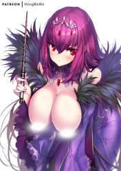 Rule 34 | 1girl, blush, breasts, breasts out, censored, censored nipples, closed mouth, dress, fate/grand order, fate (series), feather trim, hair between eyes, hand up, headpiece, holding, holding wand, hong (white spider), large breasts, leaning forward, long sleeves, looking at viewer, parted lips, purple dress, purple hair, red eyes, scathach (fate), scathach skadi (fate), signature, simple background, solo, wand, white background, wide sleeves