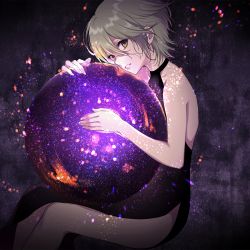 Rule 34 | 1girl, bad id, bad pixiv id, bare arms, bare legs, bare shoulders, black dress, collarbone, commentary request, dark background, dress, green hair, hair between eyes, highres, light, light particles, looking at viewer, looking to the side, hugging object, orb, parted lips, pelvic curtain, pink lips, short hair, sitting, sleeveless, sleeveless dress, solo, vocaloid, wogura, yellow eyes