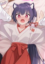 Rule 34 | 1boy, 1girl, absurdres, animal ears, arms up, black hair, blue archive, blush, breasts, collarbone, fang, hair tubes, hakama, hakama skirt, highres, hino (2nd life), japanese clothes, kimono, long hair, long sleeves, looking at viewer, lying, miko, nose blush, on back, open mouth, red eyes, red hakama, serika (blue archive), serika (new year) (blue archive), skirt, solo focus, sweat, white kimono, wide sleeves