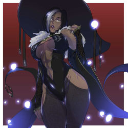 Rule 34 | 1girl, black hair, black leotard, black pants, border, borrowed character, breasts, center opening, commentary, commission, dark elf, dark skin, dark-skinned female, detached sleeves, elezen, elf, english commentary, feather boa, fictional persona, final fantasy, final fantasy xiv, glasses, hair over one eye, hat, highres, hip vent, huge breasts, janelle colbernoux, lace, leotard, lips, looking at viewer, multicolored hair, navel, no bra, outside border, pants, pointy ears, puckered lips, purple eyes, red background, rimless eyewear, short hair, silver hair, solo, thigh gap, two-tone hair, uger, very dark skin, white border, wide sleeves, witch hat