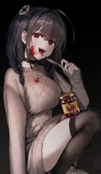Rule 34 | 1girl, absurdres, bad id, bad pixiv id, black hair, black legwear, blush, choker, commentary request, fang, highres, holding, holding spoon, jam, looking at viewer, medium hair, object through head, open mouth, original, red eyes, screw in head, shoes, sitting, smile, spoon, sweater, thighs, tongue, tongue out, yerim