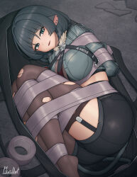 1girl animal_ears bdsm black_hair black_pantyhose black_shorts black_thighhighs blunt_bangs bondage bound breasts garter_straps green_eyes high-waist_shorts highres jane_doe_(zenless_zone_zero) large_breasts long_hair lying mouse_ears mouse_girl mouse_tail on_side pantyhose plusout shorts single_garter_strap single_leg_pantyhose solo tail tape tape_bondage thighhighs torn_clothes torn_pantyhose torn_thighhighs zenless_zone_zero