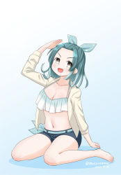 Rule 34 | 1girl, barefoot, bikini, bikini top only, bikini under clothes, black shorts, commentary request, dated, forehead, gradient background, gradient hair, green hair, hair ribbon, half updo, jacket, kantai collection, masara (chuujou), medium hair, multicolored hair, official alternate costume, one-hour drawing challenge, open clothes, open jacket, ribbon, salute, shorts, sitting, solo, suzunami (kancolle), swimsuit, swimsuit under clothes, twitter username, wariza, white bikini, white hair, white jacket, white ribbon