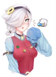 Rule 34 | 1girl, 66yoshi99, belt, blue sleeves, brawl stars, breasts, cactus, colette (brawl stars), eyewear on head, hair over one eye, highres, long sleeves, looking at viewer, medium breasts, non-web source, open mouth, pin, red vest, short hair, simple background, vest, white background, white hair
