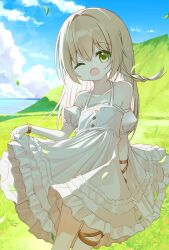 Rule 34 | 1girl, ;d, bare shoulders, blonde hair, blue sky, braid, cloud, collarbone, commentary request, day, detached sleeves, dress, grass, green eyes, hair intakes, highres, horizon, long hair, looking at viewer, ocean, one eye closed, open mouth, original, outdoors, puffy short sleeves, puffy sleeves, short sleeves, single braid, skirt hold, sky, sleeveless, sleeveless dress, smile, solo, standing, very long hair, waka (yuuhagi (amaretto-no-natsu)), water, white dress, white sleeves, yuuhagi (amaretto-no-natsu)