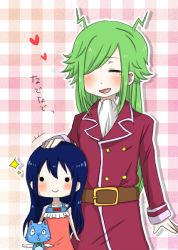 Rule 34 | black eyes, blue hair, blush, cat, fairy tail, freed justine, green hair, hair over one eye, happy (fairy tail), headpat, rai (pixiv1587960), smile, sparkle, wendy marvell, wings, you gonna get raped