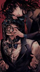 Rule 34 | 2boys, artist name, black bow, black bowtie, black eyes, black hair, black jacket, black vest, bow, bowtie, chain, clenched teeth, closed mouth, collared shirt, commentary request, dated, formal, highres, ichijou seiya, jacket, kaiji, leash, long hair, long sleeves, looking down, male focus, medium bangs, multiple boys, murakami tamotsu, muzzle, necktie, red background, red hair, red necktie, shirt, short hair, smile, suit, teeth, unknown03162, upper body, vest, white shirt