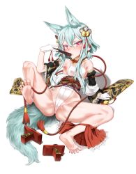 Rule 34 | 1girl, absurdres, animal ears, arm support, barefoot, blush, fan, feet, full body, geta, gloves, highres, kitsune, leotard, looking at viewer, lying, medium hair, meiax, mole, on back, parted lips, red eyes, seere (sin nanatsu no taizai), shoes, unworn shoes, short hair with long locks, sidelocks, simple background, sin nanatsu no taizai, soles, spread legs, standing, tail, tengu-geta, toes, white background