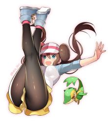 Rule 34 | 1girl, :d, aqua eyes, breasts, brown hair, commentary request, creatures (company), double bun, eyelashes, full body, game freak, gen 5 pokemon, hair between eyes, hair bun, kaidou j1, long hair, nintendo, open mouth, outstretched arm, pantyhose, pantyhose under shorts, pokemon, pokemon (creature), pokemon bw2, raglan sleeves, rosa (pokemon), shirt, shoes, short shorts, shorts, simple background, smile, sneakers, snivy, twintails, twitter username, visor cap, white background, yellow shorts