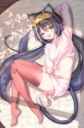 Rule 34 | 1girl, animal ear fluff, animal ears, beliatan, between legs, black hair, blush, breasts, carpet, cat ears, cat girl, cat tail, commentary, from above, hair between eyes, hand between legs, highres, karyl (princess connect!), long hair, long sleeves, looking at viewer, lying, mask, mask on head, medium breasts, midriff, multicolored hair, navel, no shoes, on side, one eye closed, open mouth, pajamas, pink pajamas, pink shorts, princess connect!, red thighhighs, shorts, sleep mask, solo, streaked hair, tail, thighhighs, twintails, very long hair, white hair, yawning