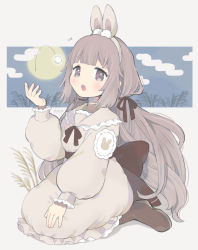 Rule 34 | 1girl, :o, absurdres, animal ears, blunt bangs, boots, bow, brown bow, brown footwear, brown hair, brown ribbon, dress, fake animal ears, frilled dress, frilled sleeves, frills, grey background, grey eyes, highres, long dress, long hair, long sleeves, looking at viewer, moon, open mouth, original, puffy long sleeves, puffy sleeves, rabbit ears, ribbon, seiza, shamo3, sidelocks, sitting, solo, teeth, tsukimi, upper teeth only, wheat