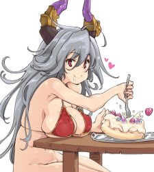 Rule 34 | 10s, 1girl, ahoge, bikini, bikini top only, bottomless, breast rest, breasts, cake, cleavage, covered erect nipples, draph, food, fork, fruit, granblue fantasy, grey hair, happy, heart, heart-shaped pupils, horns, huge breasts, large breasts, looking at viewer, navel, no panties, pastry, red eyes, saliva, simple background, sitting, smile, solo, strap gap, strawberry, swimsuit, symbol-shaped pupils, table, thomasz, threo (granblue fantasy), white background