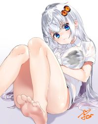 Rule 34 | 1girl, bare legs, barefoot, black bra, black panties, blue eyes, blush, bra, breasts, closed mouth, collared shirt, commentary request, feet, hair ornament, head tilt, highres, kizuna akari, knees up, large breasts, long hair, looking at viewer, no pants, nose blush, panties, see-through, shirt, short sleeves, signature, simple background, sitting, soles, solo, tareme, toes, underwear, voiceroid, wet, wet clothes, wet shirt, white background