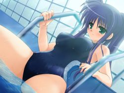 Rule 34 | 1girl, blue hair, blush, breasts, closed mouth, dutch angle, game cg, green eyes, indoors, large breasts, light rays, long hair, nagase yukino, one-piece swimsuit, ponytail, pool, pool ladder, purple hair, sakura machizaka stories, sakura machizaka stories vol.1, school swimsuit, solo, spread legs, sunbeam, sunlight, swimsuit, tagme, tsuzuki maki, water, wet, window